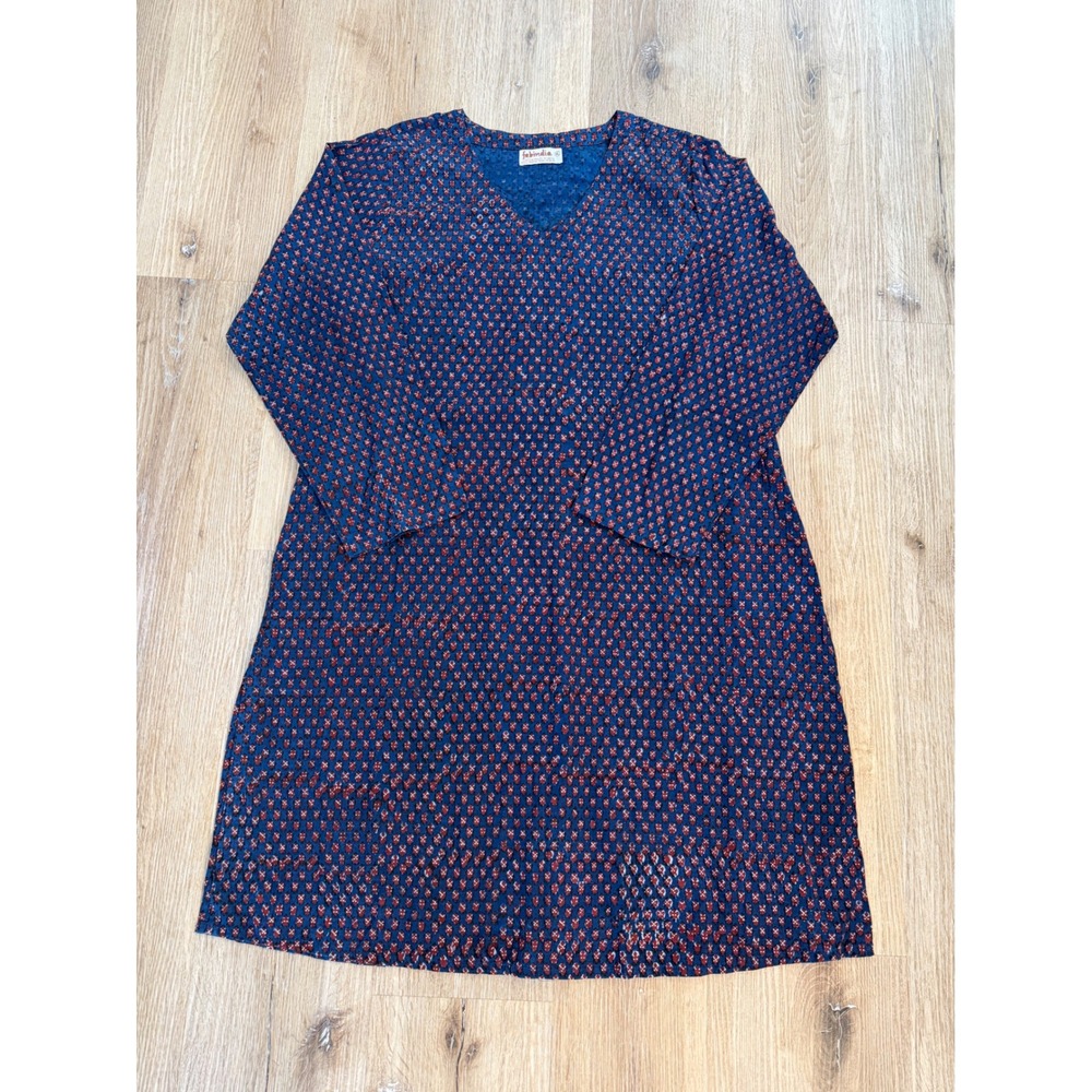 Fabindia Tunic Dress Womens XL Blue Red Cotton Block Print V-Neck Pockets Kurta